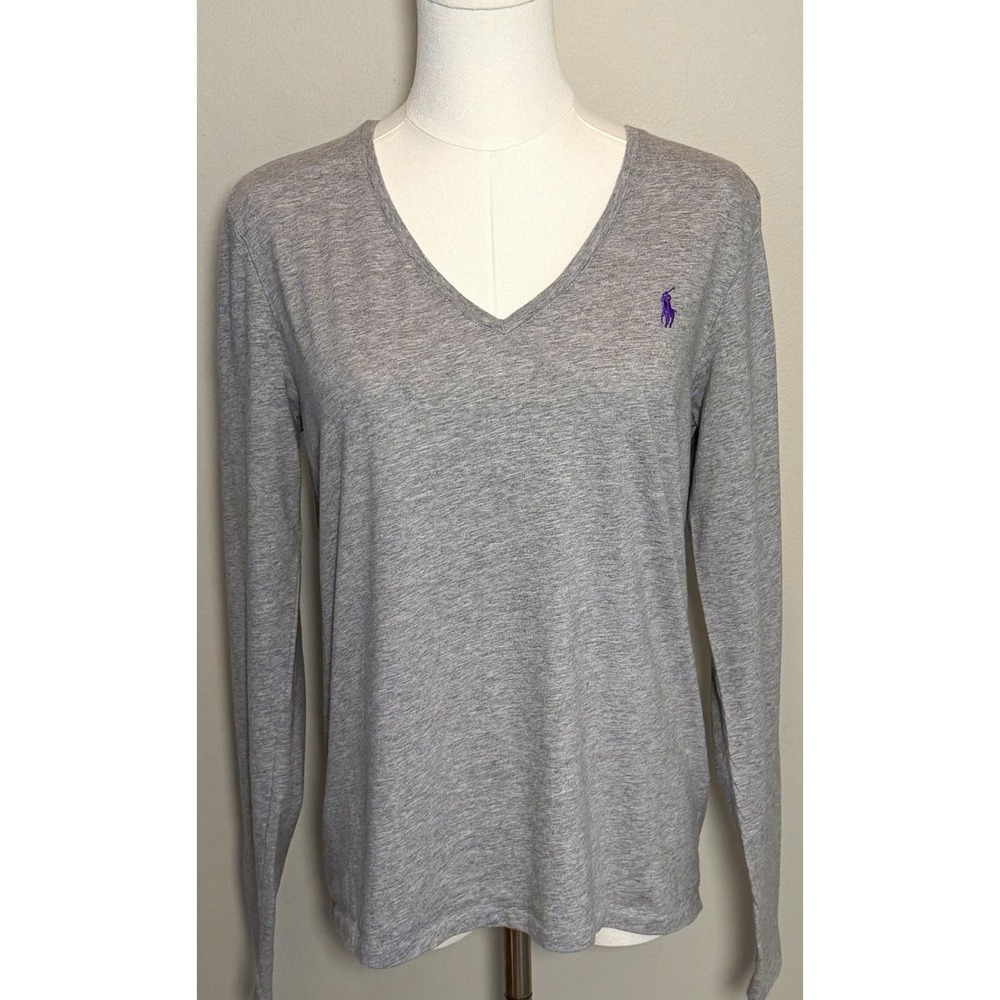 Polo Ralph Lauren Gray V-Neck Long Sleeve Knit Cotton T-Shirt Women L